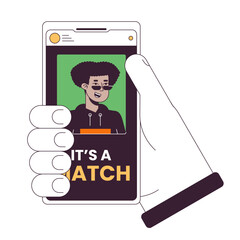 Poster - Smartphone with online dating app flat line concept vector spot illustration. Holding gadget 2D cartoon outline hand on white for web UI design. editable isolated color hero image