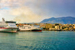 Port of Heraklion, Crete island, Greece, ferries, boats, town, sunrise