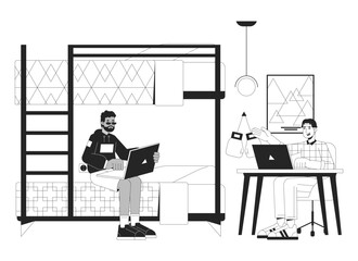 Poster - Dorm roommates studying together bw vector spot illustration. Dormitory boys 2D cartoon flat line monochromatic characters for web UI design. Doing homework editable isolated outline hero image