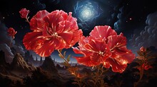  A Painting Of Red Flowers On A Dark Night Sky Background.  Generative Ai