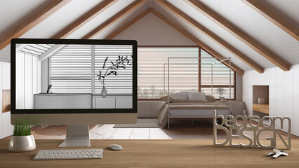 Aufkleber - Architect designer project concept, wooden table with keys, 3D letters words bedroom design and desktop showing draft, blueprint CAD sketch background, japandi interior design
