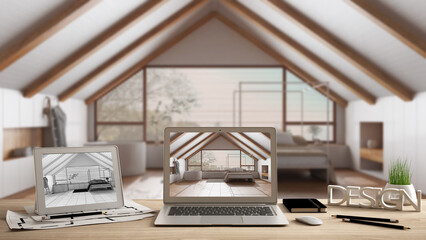 Aufkleber - Architect designer desktop concept, laptop and tablet on wooden desk with screen showing interior design project and CAD sketch, japandi bedroom with bathtub