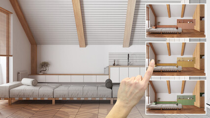 Aufkleber - Architect designer concept, hand showing japandi minimal living room and kitchen, colors in different options, interior design project draft, color picker, material sample