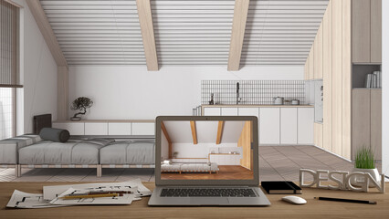 Aufkleber - Architect designer desktop concept, laptop on wooden work desk with screen showing interior design project, blueprint draft background, japandi kitchen and living room