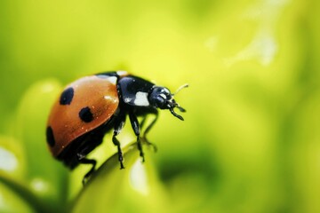 Sticker - Macro shot of a red ladybird beetle with black dots on its back perched atop a green leaf