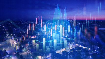 Wall Mural - Big data chart on city backdrop.Business development, financial plan and strategy.Analysis finance graph and market chart investment.Trade technology, and investment analysis.