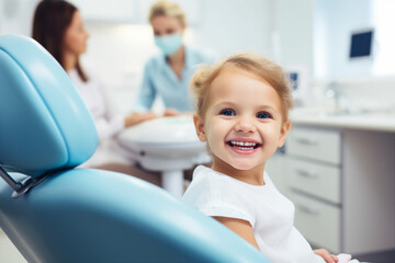 Generative AI closeup portrait of Dentist examining little boy girl child teeth in clinic healthcare concept