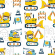 Seamless pattern vector of cute animals driving construction vehicle, construction element cartoon