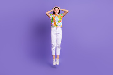 Sticker - Full body photo of jumping air funny woman hands head confusion problems forgot her home keys stressed isolated on purple color background