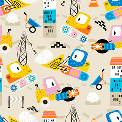 Poster - Seamless pattern vector of funny construction vehicle with industrial element in doodle art style