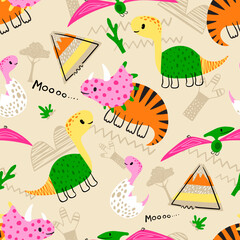 Wall Mural - Seamless pattern vector of cute dinosaurs doodle cartoon