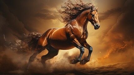 Poster -  a brown horse running through a field of dirt and dust.  generative ai