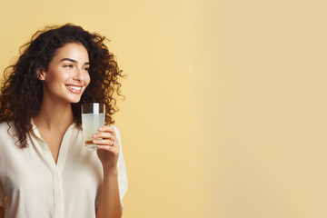 girl drinks collagen in a glass. banner with beautiful woman. drink. rejuvenation. juice. beverage. yellow background space for text