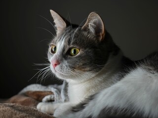 Sticker - Gray and white tabby cat lying down in a comfortable position on a bed