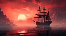  A Pirate Ship Sailing In The Ocean At Sunset Or Sunrise.  Generative Ai