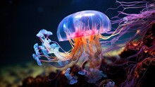  A Jellyfish In An Aquarium With A Purple Background And A Red And Yellow Jellyfish.  Generative Ai