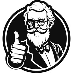 Wall Mural - Professor doctor in suit and bow tie thumbs up logo black silhouette vector
