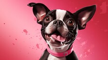  A Black And White Dog With A Pink Collar On A Pink Background.  Generative Ai