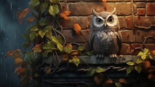  An Owl Sitting On A Ledge In Front Of A Brick Wall.  Generative Ai