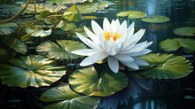  A Painting Of A White Water Lily In A Pond With Lily Pads.  Generative Ai