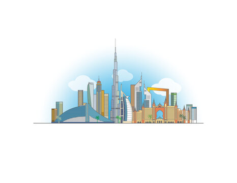 Dubai city United Arab Emirates cityscape illustration skyline coloured drawing