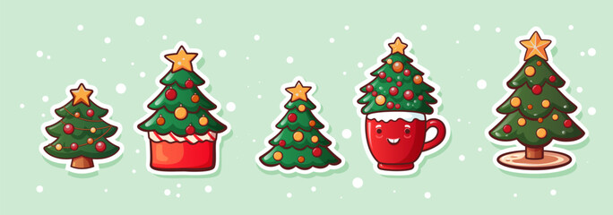 Set of Christmas stickers tree, gingerbread, cocoa mug characters. Vector illustration in cartoon style for Christmas