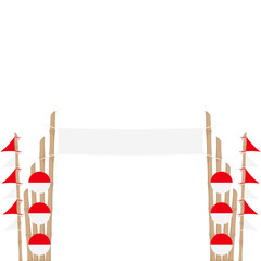  the bamboo gate is decorated with fluttering red and white flag ornaments

