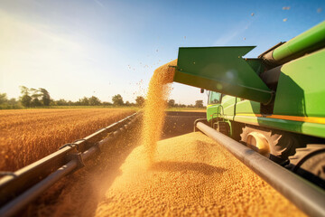 Harvester pouring freshly harvested corn maize seeds or soybeans into container trailer near, closeup detail, afternoon sunshine. Agriculture concept. Generative AI