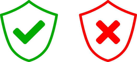 Poster - shield green and red safe and unsafe security icon set with checkmark and x cross signs. vector imag