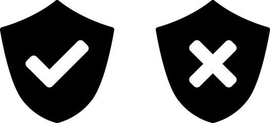 Poster - Shield Black and White Safe and Unsafe Security Icon Set with Checkmark and X Cross Signs. Vector Image.