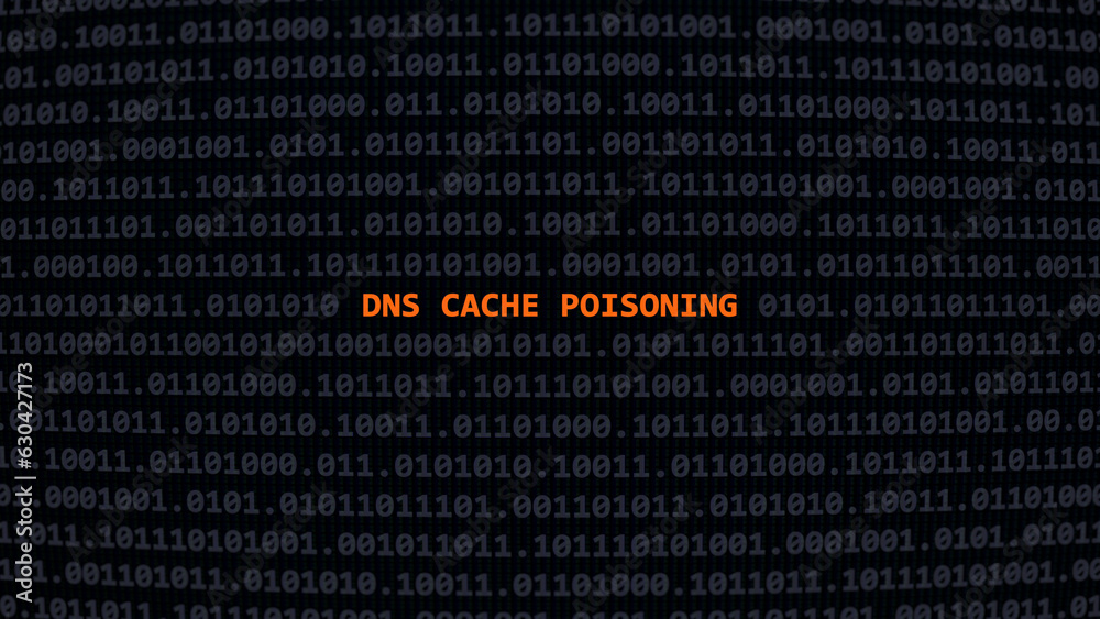 Cyber attack dns cache poisoning. Vulnerability text in binary system ascii art style, What Is a domain name server code attack on editor screen. Text in English, English text