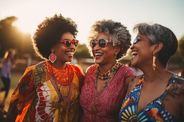 Wall Mural - a photo of three diverse middle-aged mature women in modern stylish clothes smiling on vacation, mature friendship representation. Generative AI technology