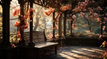  A Wooden Bench Sitting Under A Tree Filled With Pink Flowers.  Generative Ai