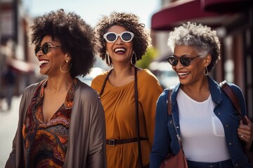 Wall Mural - a photo of three diverse middle-aged mature women in modern stylish clothes smiling, mature friendship representation. Street style photography. Generative AI technology