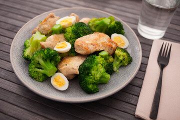 Wall Mural - Chicken breasts with boiled broccoli and quail eggs on a plate