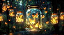  A Glass Jar Filled With Yellow Butterflies Floating Inside Of It.  Generative Ai