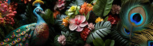 Tropical Banner Background With Peacock And Exotic Plant Leaves,  Flowers , Bloom