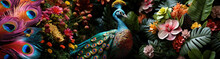 Panoramic Collage With Peacock And Tropical  Flowers  Background