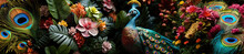 Peacock With Exotic Plants, Flowers, Panoramic Collage Background