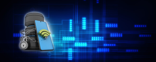 Poster - 3d rendering Transmitter mobile WiFi near database protection lock

