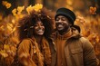 African American Man And Woman Fall Leaves Background Generative AI