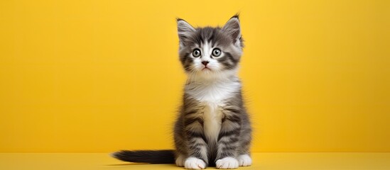Poster - A small gray and white kitten with a curious facial expression is sitting on a yellow background. The cat is isolated and empty space around it.