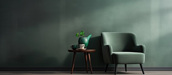 Wall Mural - A green corner in a minimalist living room interior contains a dark armchair and an industrial side table with a tea kettle and cup, all upholstered.