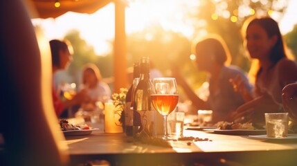 a group of friends having dinner and drinks outside in the nature. Vacation with friends. Fun, celebration. Summer time