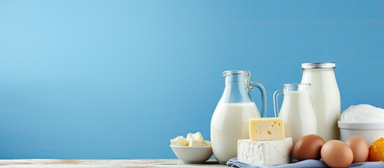Aufkleber - Various dairy products including milk, cottage, sour cream, and eggs are displayed in front of a blue background with copy space.
