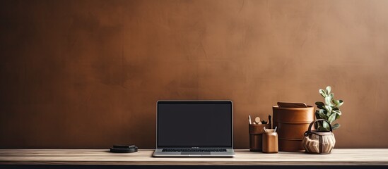 Aufkleber - A trendy office setting with a laptop. Empty screen area for personalized designs.