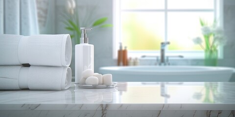 Closeup of Empty Tabletop Product on Table Bathroom Interior with Blurred Background