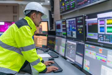 Wall Mural - Engineer working at control room,Manager control system,Technician man monitoring program from a lot of monitor