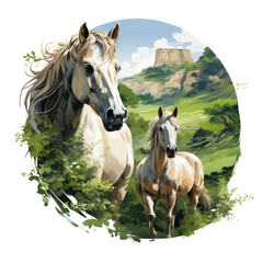 Wall Mural - A serene horse t-shirt design, featuring a horse and its foal peacefully grazing in a picturesque countryside, surrounded by ancient oak trees, Generative Ai