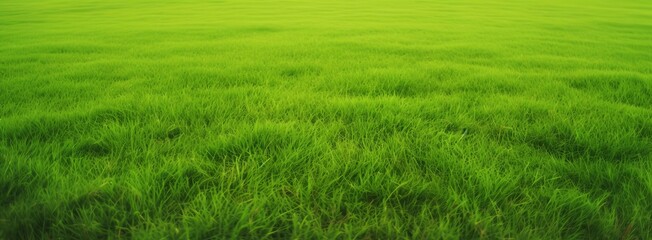 Wide format background image of green carpet of neatly trimmed grass. Beautiful grass texture on bright green mowed lawn, field, grassplot in nature, Generative AI